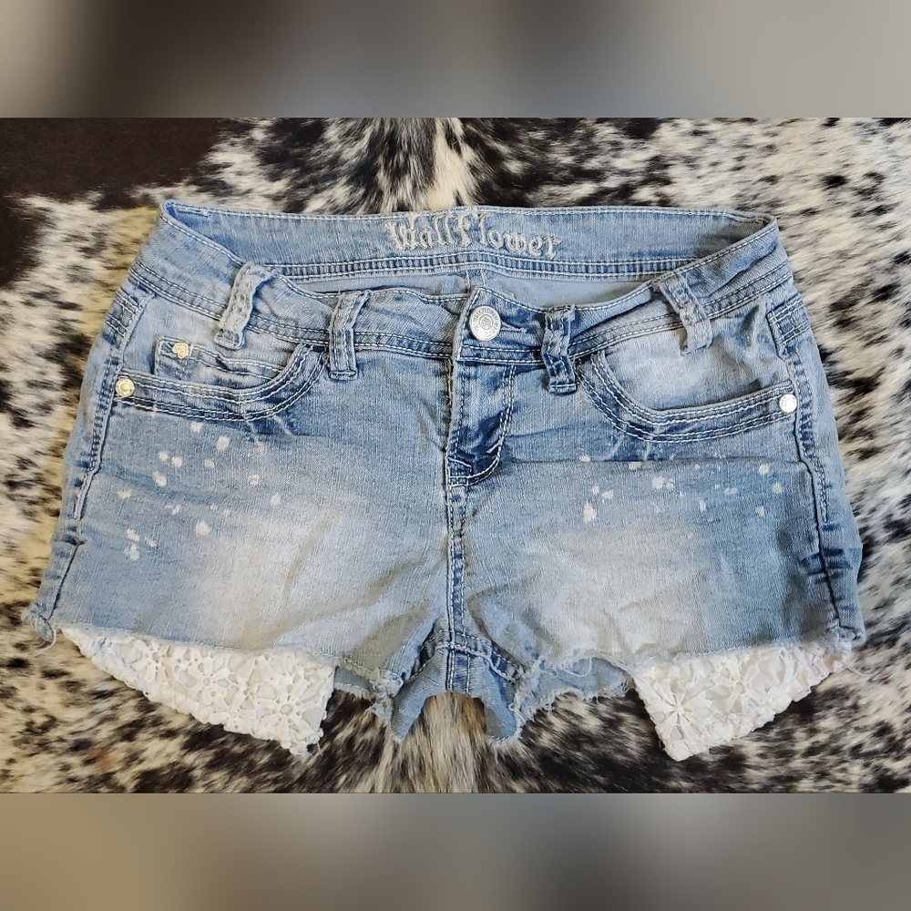 Wallflower Light Blue Jean Shorts with White Lace Trim